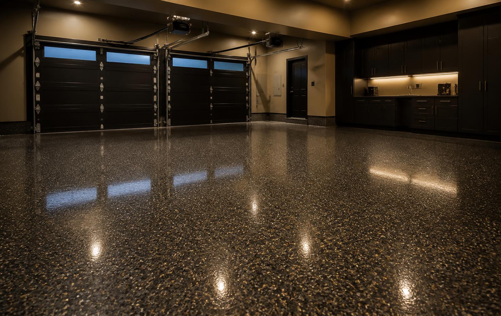 Metallic gold flake polyaspartic garage floor installed by Clean Coat in Rochester NY